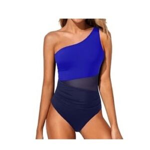Yonique Royal Blue One-Shoulder Mesh Swimsuit with Tummy Control